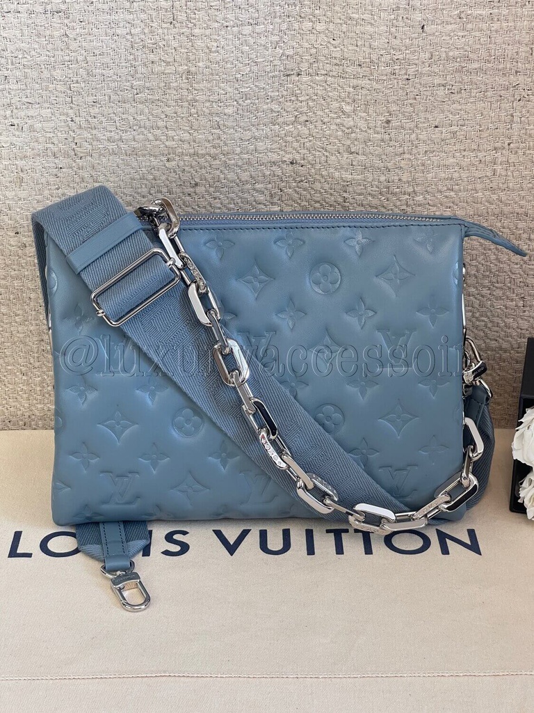 残少! Louis Vuitton ルイヴィトン COUSSIN PM BLEU GLACIER LOUIS VUITTON Lambskin Embossed Monogram Coussin PM Blue